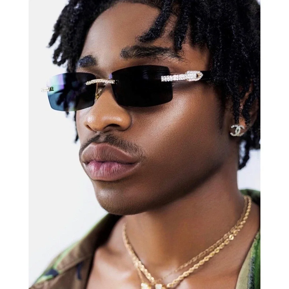Rimless Dark Black Lens Sunglasses Rhinestone Accents Rectangular Frame Men's